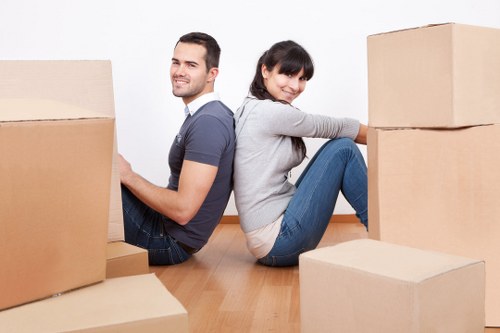 Business relocation planning with office equipment and boxes